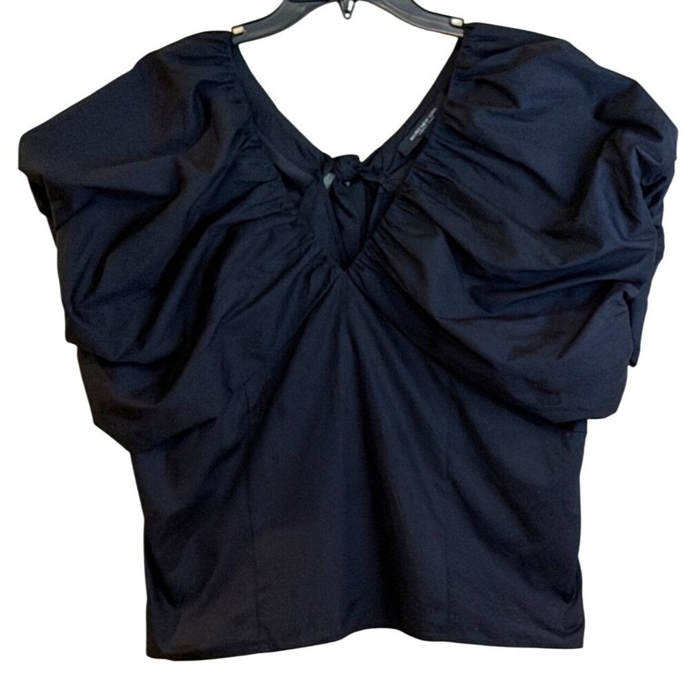 Marc New York Women's V  Neck Black Puff Sleeve Tie Back Closure Cropped Top Lg